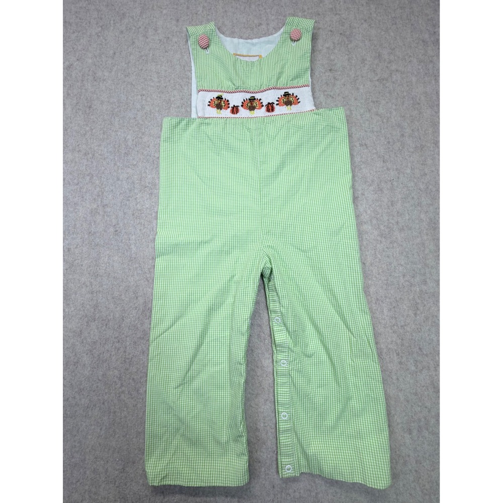 Babeeni Longall Kids 3Y Green Gingham Thanksgiving Turkey Smocked Overalls